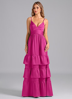 Azazie Nathalia Bridesmaid Dresses Fuchsia A-Line Pleated Stretch Satin Dress image3