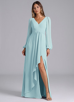 Azazie Omari Bridesmaid Dresses Sea Glass A-Line Long Sleeve Chiffon Dress image1