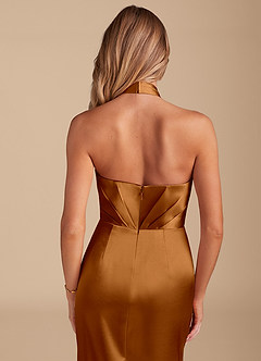 Azazie Zaya Bridesmaid Dresses Copper Sheath Pleated Metallic Satin Dress image2