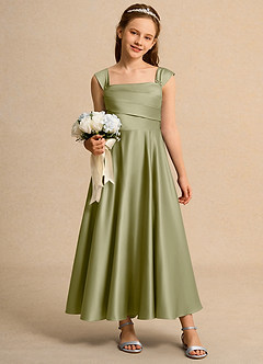 Azazie Bundle Girls Formal Flower Girl Dresses Moss Green A-Line Pleated Matte Satin Dress image3