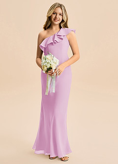 Azazie Alissa Junior A라인 셔링 쉬폰 플로어 길이 주니어 신부 들러리 드레스 image4