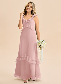 Azazie Tavie Junior Powder Pink A-Line Ruched Chiffon Dress image1