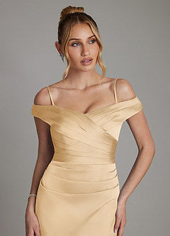Azazie Teyana Bridesmaid Dresses Gold Sheath Off the Shoulder Stretch Satin Dress image3