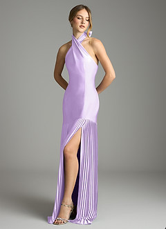 Azazie Nayeli Jurken voor bruidsmeisjes Jurk van Stretch Satijn met A-Lijn Geplooid Lila image4