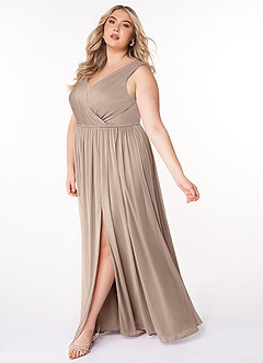 Azazie Tanicia Bridesmaid Dresses Taupe A-Line V-Neck Pleated Mesh Dress image7