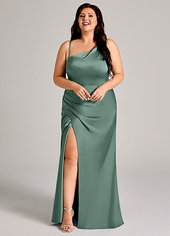 Azazie Madelyn Bridesmaid Dresses Eucalyptus Mermaid One Shoulder Stretch Satin Convertible Dress image15