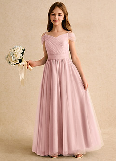 Azazie Yuna Girls Formal Abiti da Ragazza di Fiori Abito A-Line in Tulle a Spalla Scoperta Rosa Cipria image5