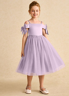 Azazie Amie Flower Girl Dresses Frosted Lilac A-Line Off the Shoulder Matte Satin Dress image5