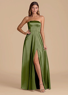 Azazie Wren 신부 들러리 드레스 A라인 스트랩리스 메탈릭 새틴 바닥 길이 드레스 image1