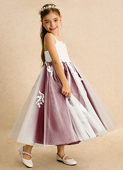 Azazie Coraline Flower Girl Dresses Ivory Burgundy A-Line Lace Dress image5