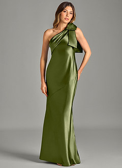 Azazie Yuanna Bridesmaid Dresses Olive Mermaid One Shoulder Metallic Satin Dress image4