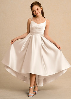 Azazie Sweets Girls Formal Flower Girl Dresses White Alabaster A-Line Pleated Matte Satin Dress image4