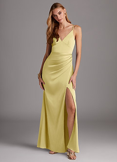 Azazie Shania Bridesmaid Dresses Lemon Sorbet Sheath V-Neck Pleated Stretch Satin Dress image1