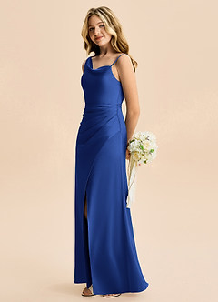 Azazie Abby Junior Robe Trapèze en Satin extensible Plissée Bleu Roi image3