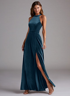 Azazie Clarice Jurken voor bruidsmeisjes Jurk van flueel met A-Lijn Zijsplit Blauwe Topaas image3