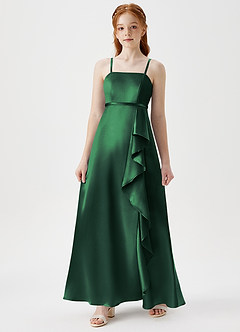 Azazie Kaylee Junior Robe Trapèze en Satiné métallisé avec ceinture Vert Foncé image3