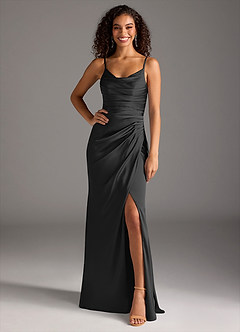 Azazie Deandra Bridesmaid Dresses Black Mermaid Pleated Stretch Satin Dress image1