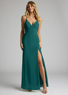 Azazie Becca Bridesmaid Dresses Peacock Sheath V-Neck Chiffon Dress image4