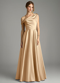 Azazie Xanthe Bridesmaid Dresses Champagne A-Line Off the Shoulder Stretch Satin Dress image3