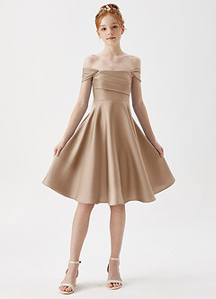 Azazie Amira Junior Taupe A-Line Pleated Stretch Satin Dress image5