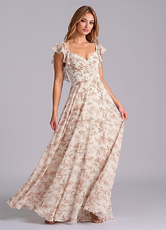 Azazie Leilani Bridesmaid Dresses Pink Fern Floral A-Line Pleated Chiffon Dress image3