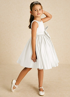 Azazie Apple Flower Girl Dresses Ivory A-Line Bow Matte Satin Dress image3