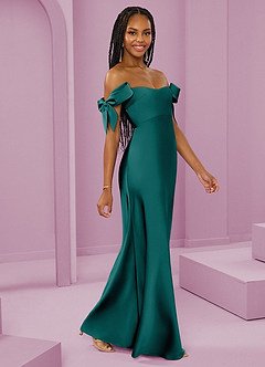 Barbie ♥ Azazie Bridesmaid Dresses Peacock Sheath Off the Shoulder Stretch Satin Convertible Dress image7