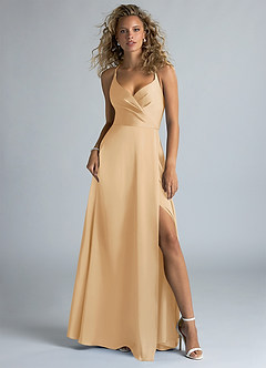 Azazie Davis Bridesmaid Dresses Gold A-Line Pleated Stretch Satin Dress image2