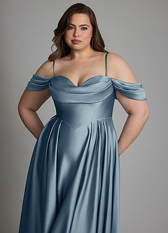 Azazie Loisa Prøv-derhjemme-kjoler A-linje Off the shoulder Stræk satin Gulv-længde Kjole image14