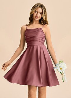 Azazie Miko Junior Vestido de Amatista de Satén Elástico de Corte en A con Plisado image1