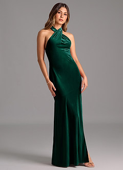 Azazie Drita Bridesmaid Dresses Emerald A-Line Pleated Velvet Dress image5