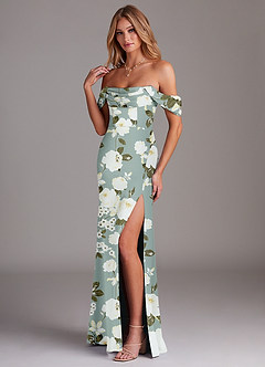 Azazie Saige Bridesmaid Dresses Misty Floral Garden Sheath Off the Shoulder Stretch Satin Dress image5