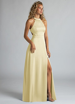 Azazie Clarice Bridesmaid Dresses Lemon Sorbet A-Line High Neck Stretch Satin Dress image2