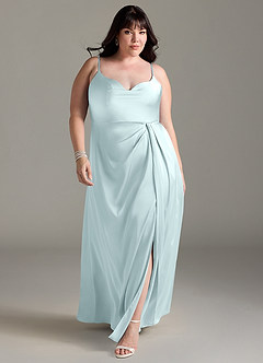 Azazie Brielle Bridesmaid Dresses Sea Glass A-Line Cowl Spaghetti Straps Stretch Satin Dress image8