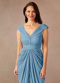 Azazie Lisolette Mother of the Bride Dresses Steel Blue Sheath Pleated Mesh Dress image6