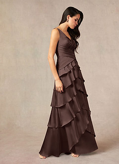 Azazie Viola At-home Try On Dresses Dusty Blue A-Line Pleated Stretch Satin Dress image2