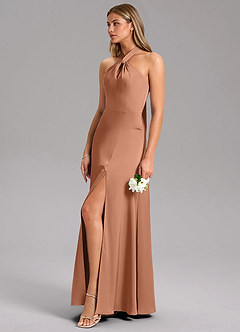 Azazie Tracie At-home Try On Dresses Bronzer A-Line Side Slit Stretch Satin Dress image6