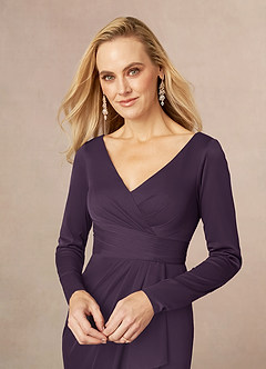 Azazie Risa Mother of the Bride Dresses Plum Mermaid V-Neck Pleated Mesh Dress image4