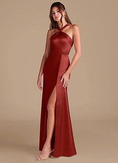 Azazie Rue Bridesmaid Dresses Rust Sheath Pleated Metallic Satin Dress image5