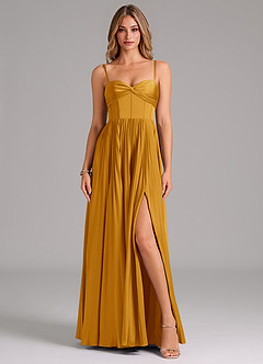 Azazie Akiko Brautjungfernkleider A-Linie Herzausschnitt Stretch-Satin Kleid Butterscotch image1