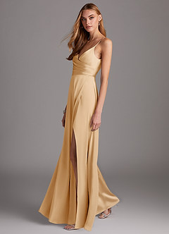 Azazie Calissa Bridesmaid Dresses Gold A-Line V-Neck Pleated Stretch Satin Dress image4