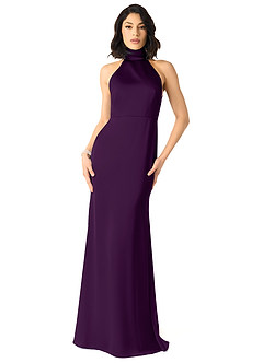 Azazie x Delaney Bridesmaid Dresses Grape Sheath High Neck Stretch Satin Dress image1