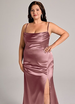 Azazie Saige Bridesmaid Dresses Vintage Mauve Sheath Off the Shoulder Metallic Satin Convertible Dress image15