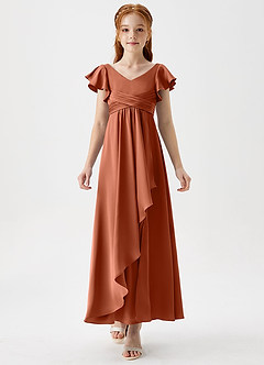 Azazie Omari Junior Cedar Rose A-Line Pleated Stretch Satin Dress image5