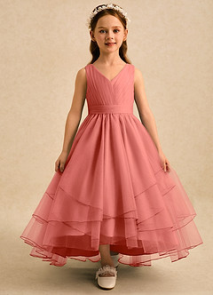 Azazie Seraphina Flower Girl Dresses Salmon Pink A-Line Pleated Tulle Dress image1