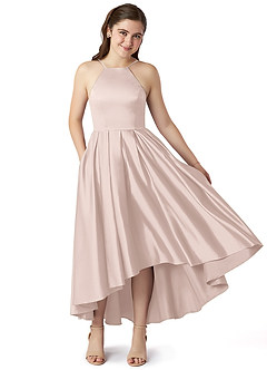 Azazie Jemima Junior Blushing Pink A-Line with Pockets Stretch Satin Dress image1