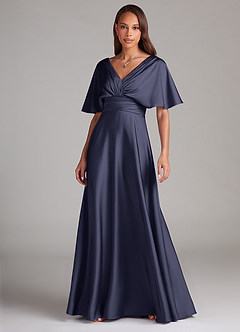 Azazie Pamela Robes de demoiselle d'honneur Robe Trapèze en Satin extensible Plissé Bleu Orageux image1