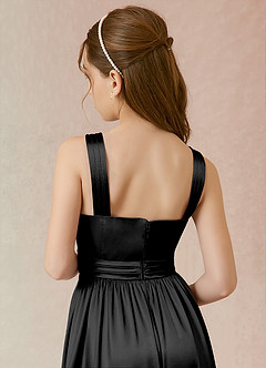 Azazie Jiya Junior Black A-Line Pleated Metallic Satin Dress image4
