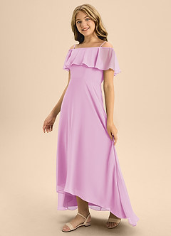 Azazie Maggie Junior Candy Pink A-Line Off the Shoulder Chiffon Dress image4