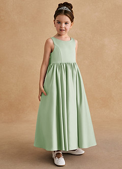 Azazie Bettie Flower Girl Dresses Dusty Sage A-Line Bow Matte Satin Dress image4